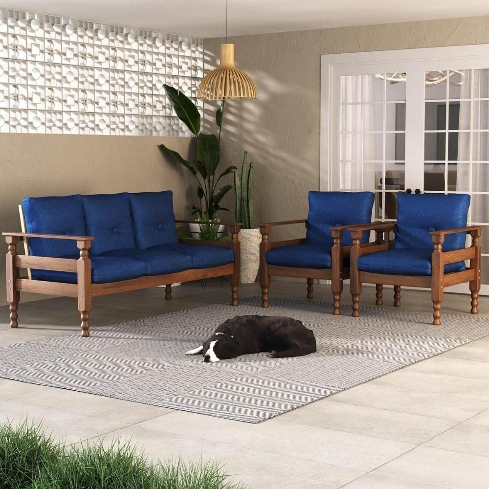 Jogo Sofá Madeira Maciça 3 Lugares e 2 Poltronas Liz Multimóveis Cr7001