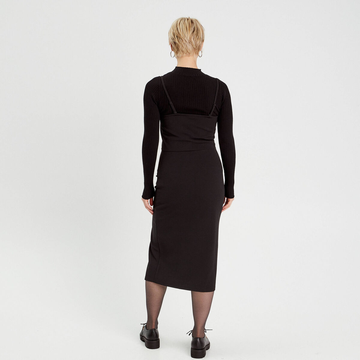 Robe longue ajustée fronces noir femme