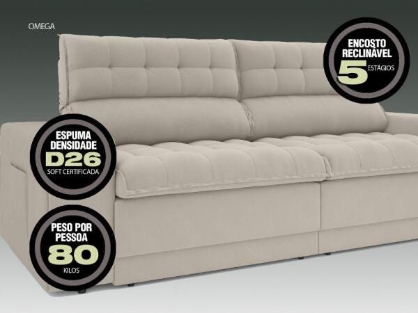 Sofá Omega 2,00M Assento Retrátil e Reclinável Velosuede Areia - Netsofás