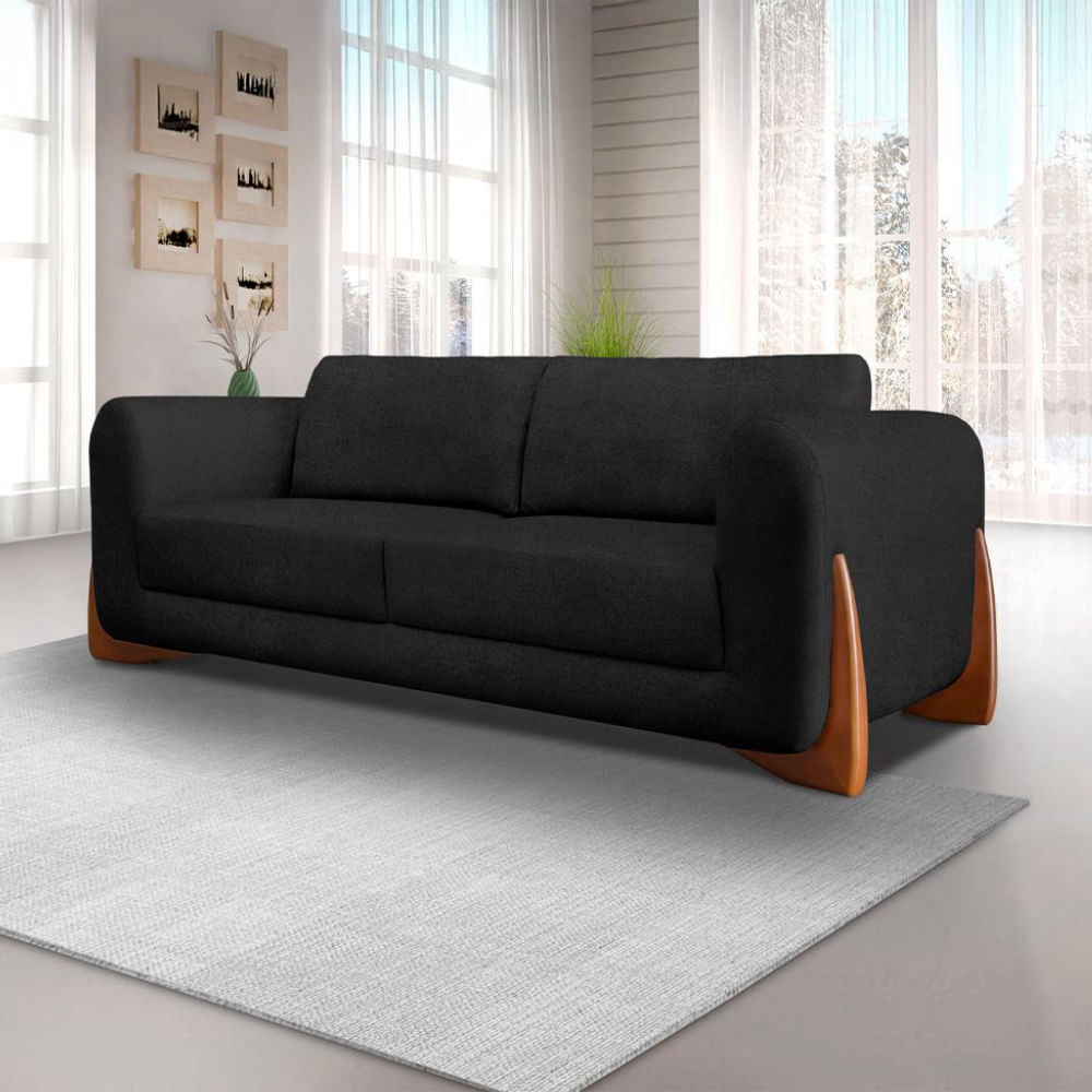 Sofá 3 Lugares Yves Bouclé Preto 200 cm