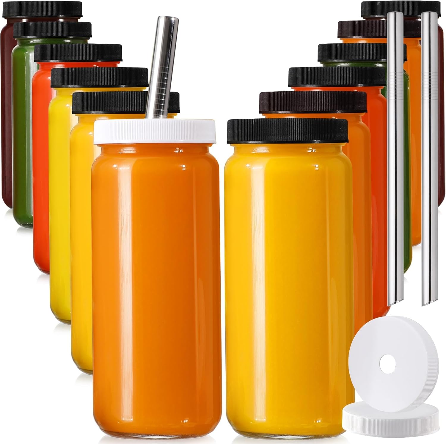 12 PACK  16 OZ Glass Juice Bottles with Airtight Lids  Bonus 2 Straws & Perforated Lids  Reusable Juicer  Juicing Bottle - Clear Drinking Jars Cups  Water Bottles  Travel Juice Container  Black Caps