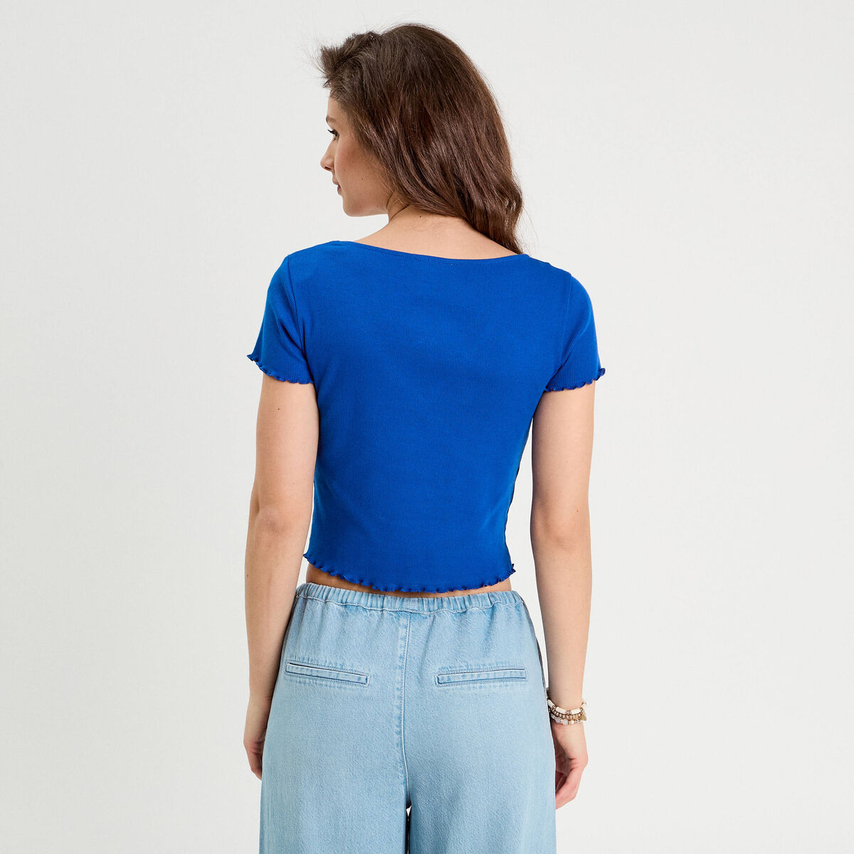 T-shirt côtelé manches courtes bleu electrique femme