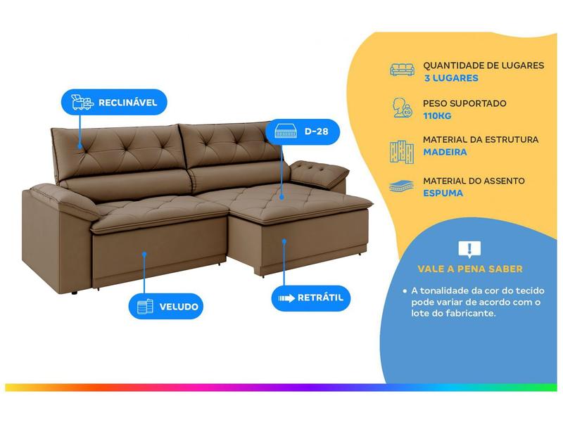 Sofá Retrátil Reclinável 3 Lugares Veludo Ibiza Besthouse