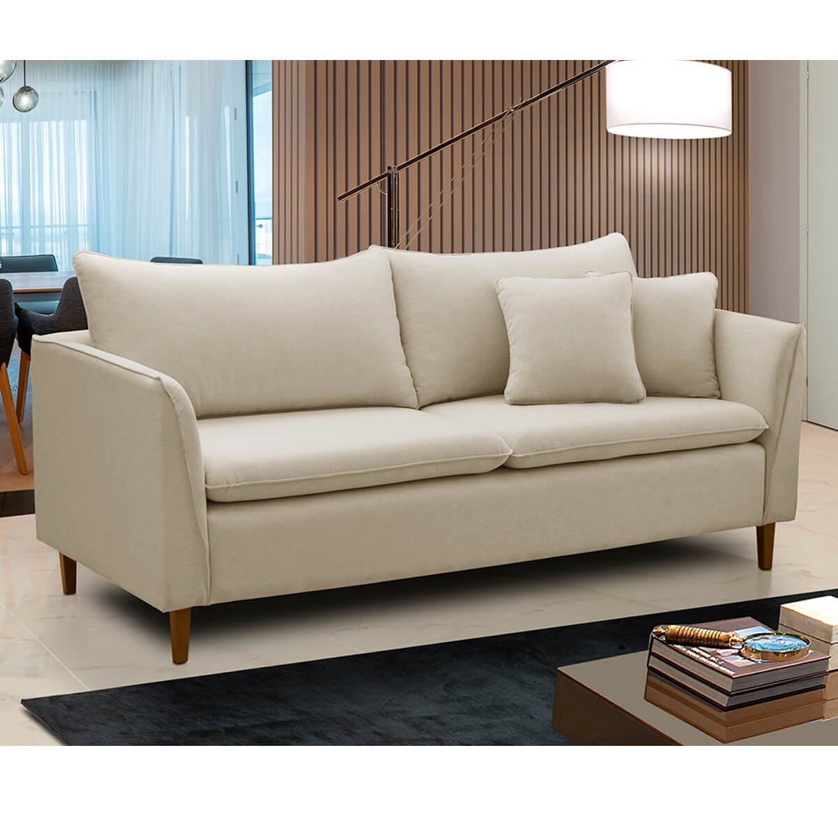 Sofá Pequeno Namoradeira 2 Lugares 1,44m Living Kassia Linho Bege Lansofbr