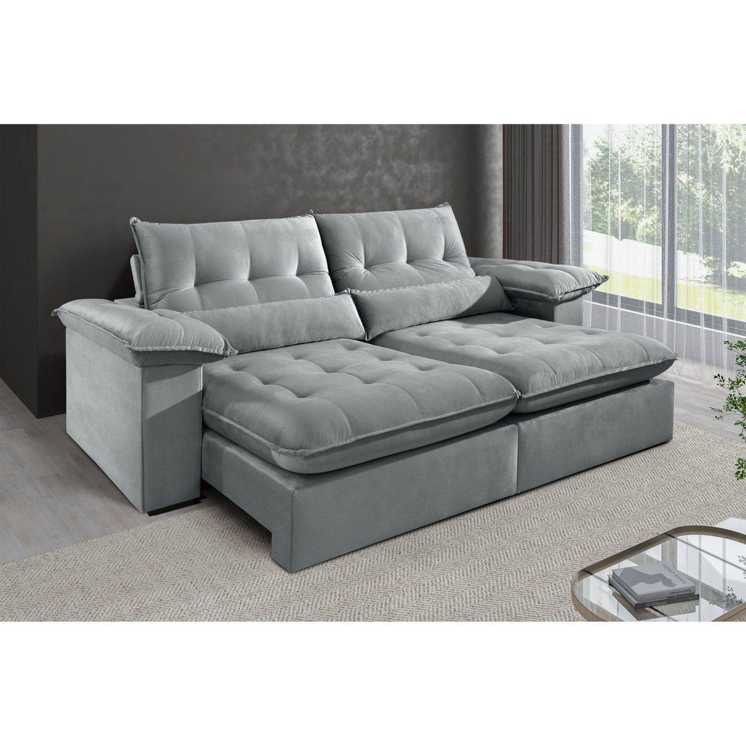 Sofá 3 Lugares Retrátil e Reclinável Mônaco Veludo com Molas Ensacadas