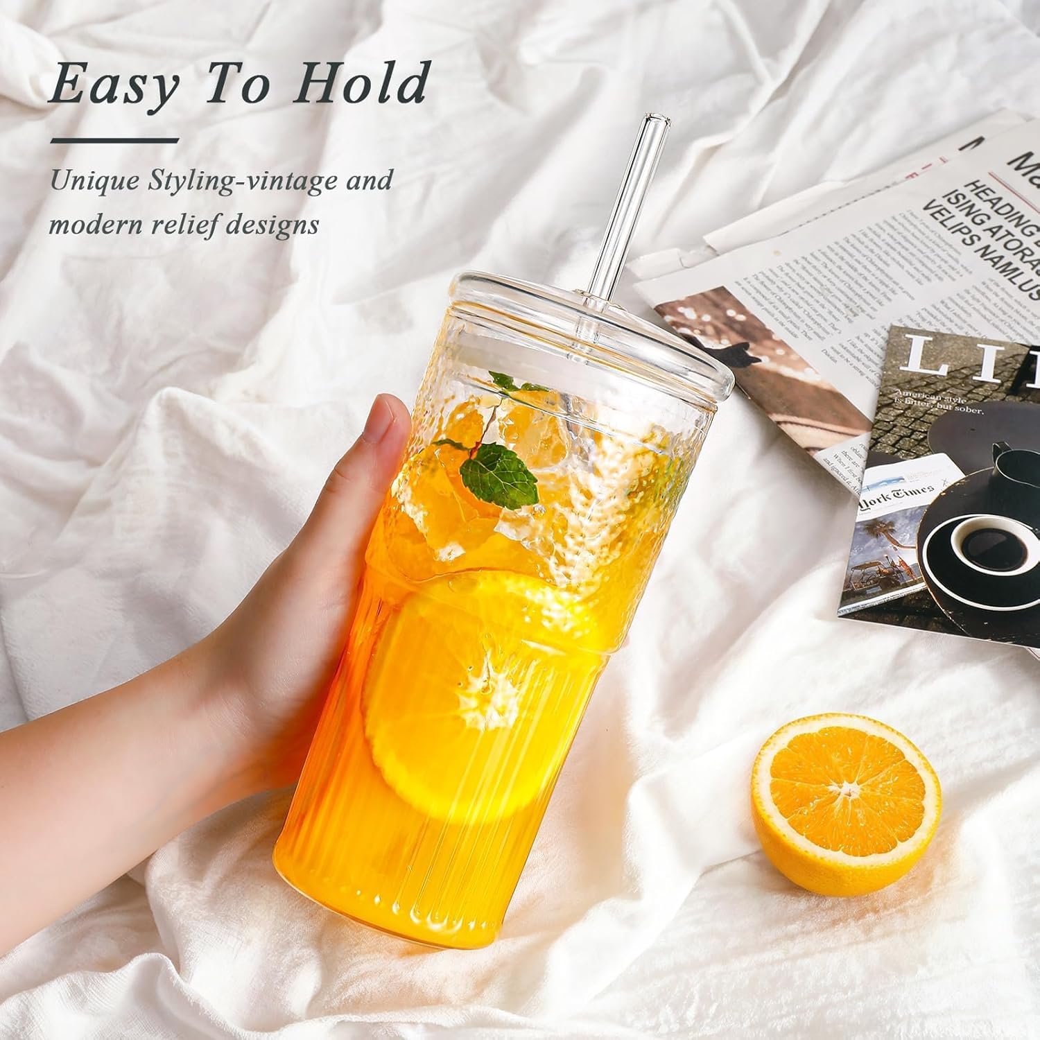 Glass Cups with Lids and Straws 4 Pcs 20oz Glasses Drinking Set Vintage Textured Clear Iced Coffee Cups with Lids Reusable Glass Tumbler with Straw and Lid for Coffee Bar Accessories