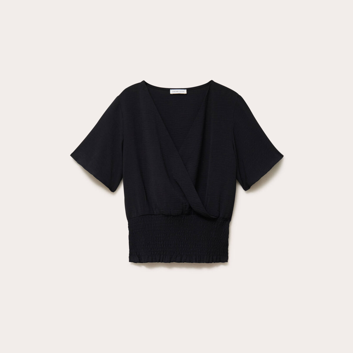 Blouse smockée manches courtes noir femme