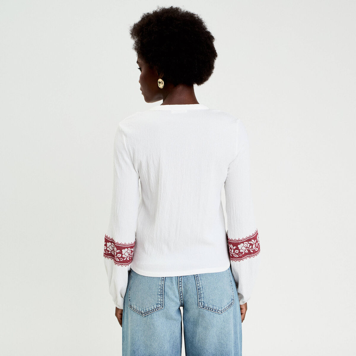 Blouse col tunisien manches longues ecru femme