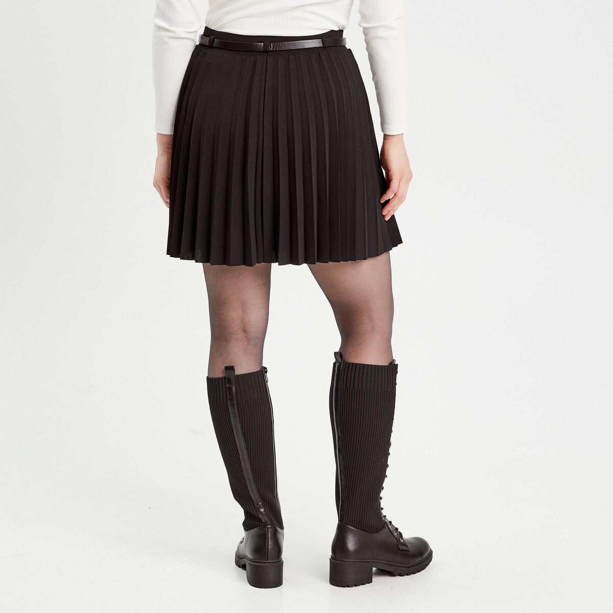 Jupe évasée plissée ceinturée noir femme