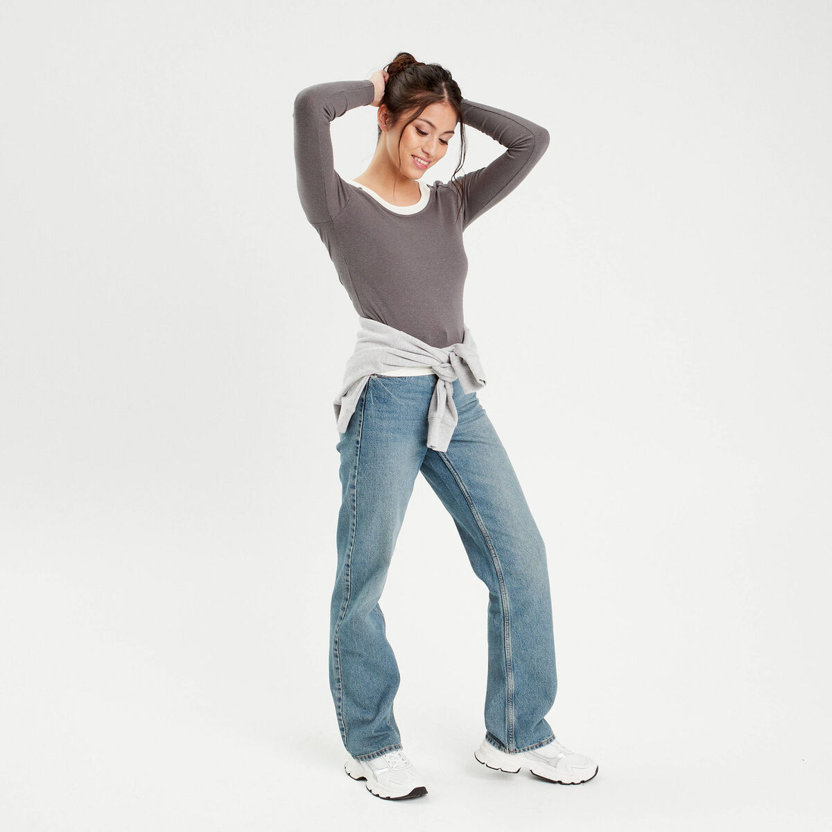 T-shirt manches longues 2-en-1 gris foncé femme