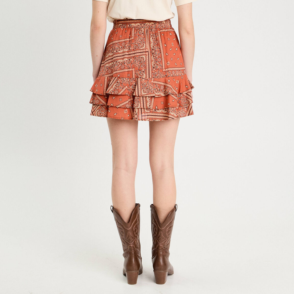 Jupe évasée volants terracotta femme