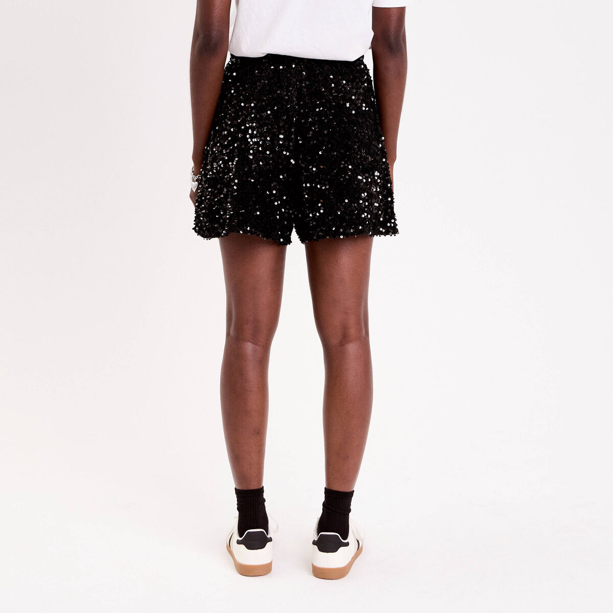 Short flare à sequins brillants noir femme