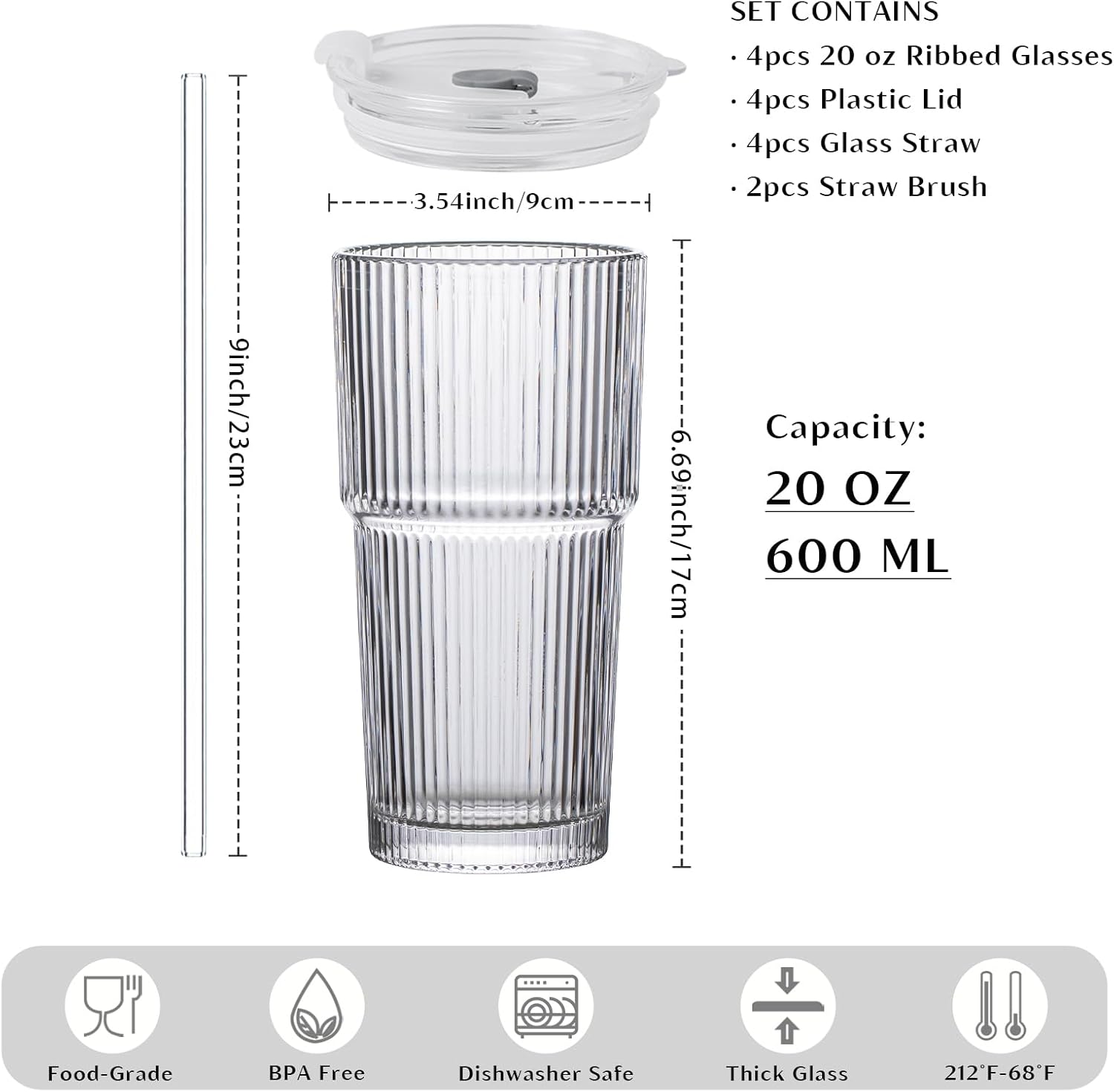 20 oz Ribbed Glass Tumblers with Lids and Glass Straws  4-Piece Glassware Set  Thickened Wall  Ideal for Iced Coffee  Smoothies  Cocktails  and Juices  Elegant and Durable Drinkware