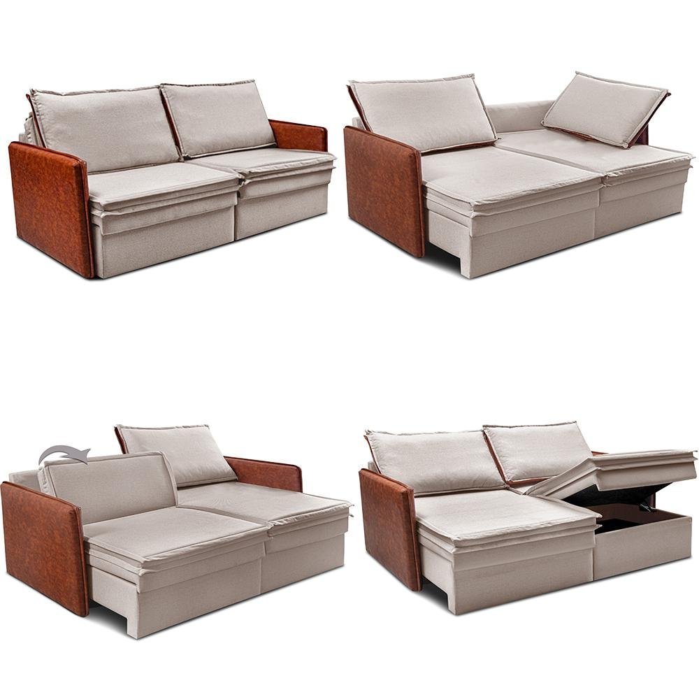 Sofá sem Caixa Retrátil Baú 1,75m Cama Inbox Grace Tecido Linho e Courino Bege Claro