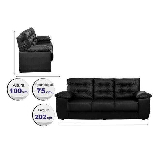 Sofá Luxemburgo 3 Lugares 2.02m Tecido Courino Preto