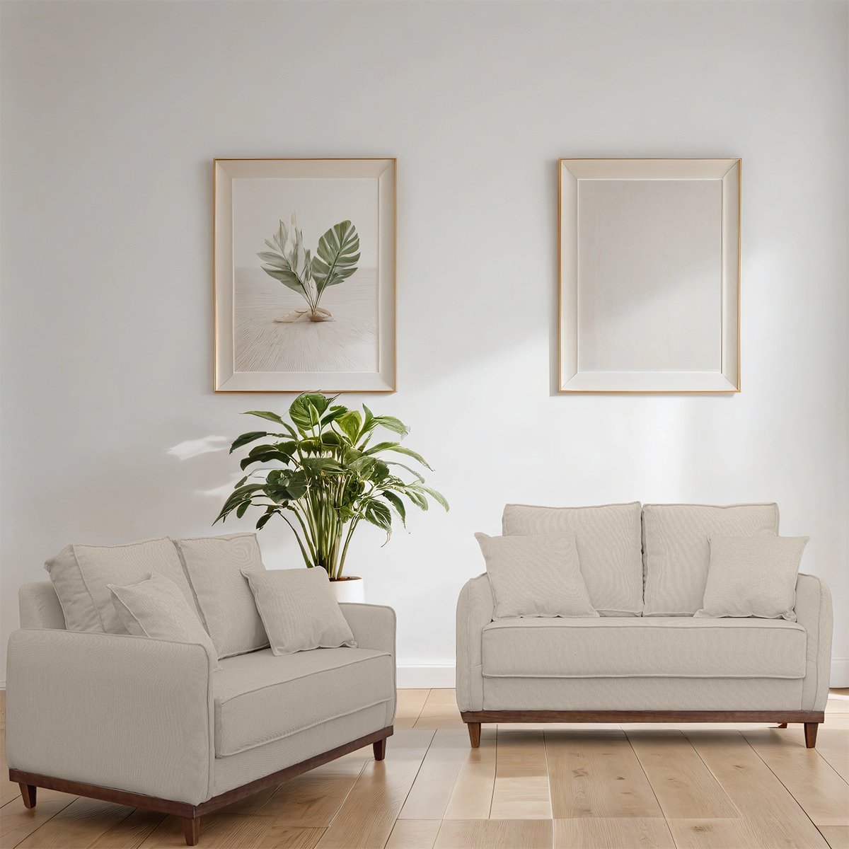 Kit Sofa Sena 2 e 3 Lugares Base de Madeira para Sala Hotel Linho Bege