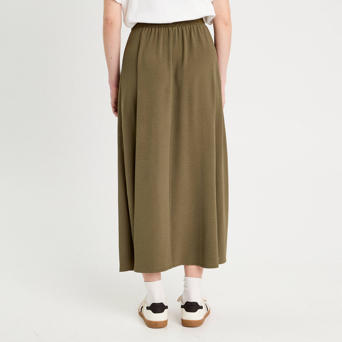 Jupe longue évasée fluide vert kaki femme
