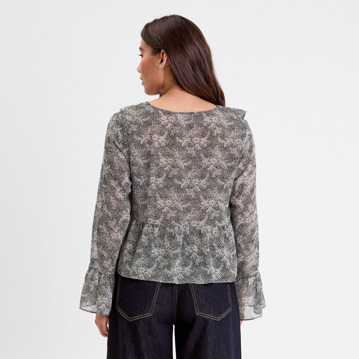 Blouse courte droite col v dentelle blanc femme