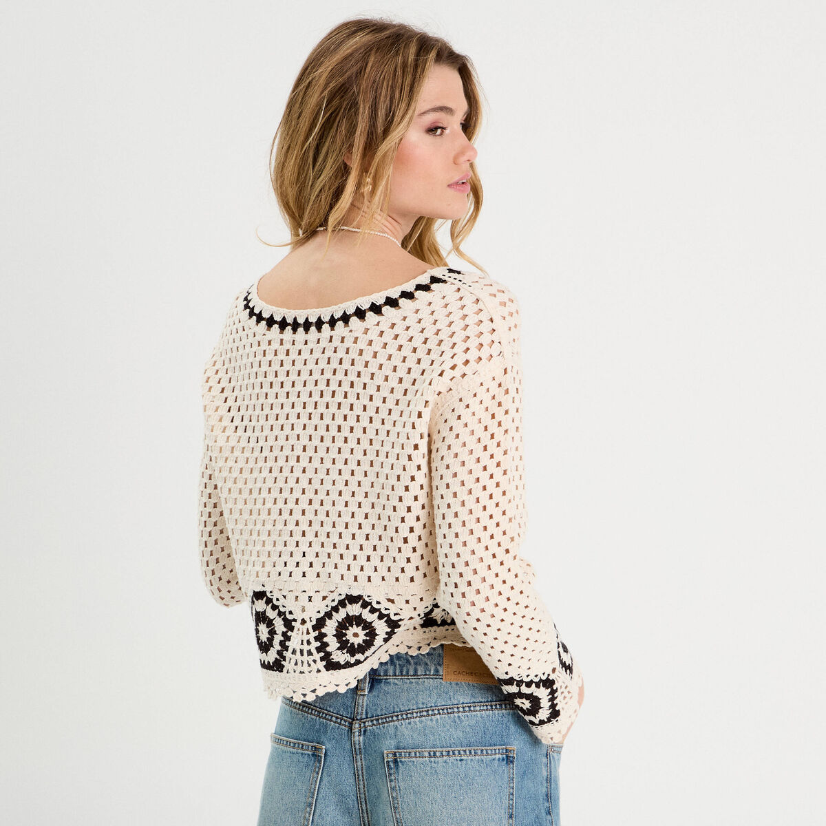 Pull effet crochet beige femme