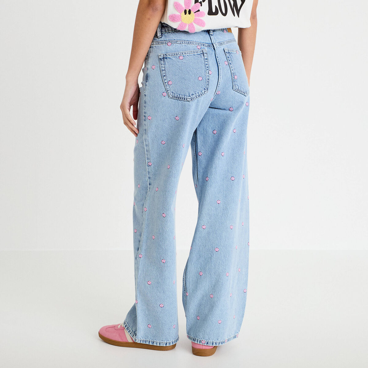 Jean wide leg taille haute brodé bleu foncé femme