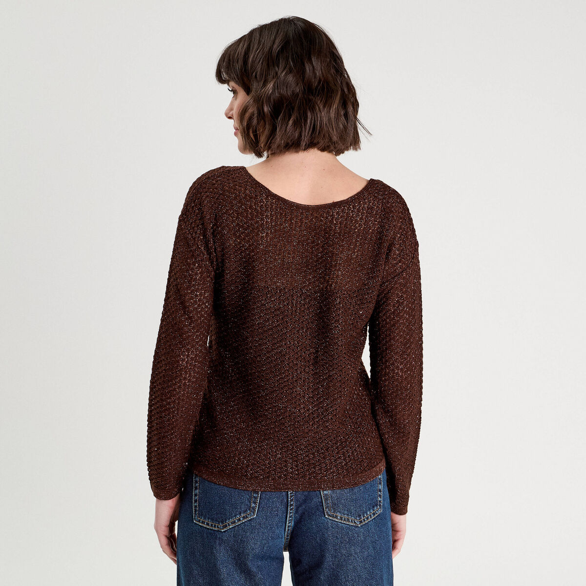 Pull ajouré manches longues marron foncé femme