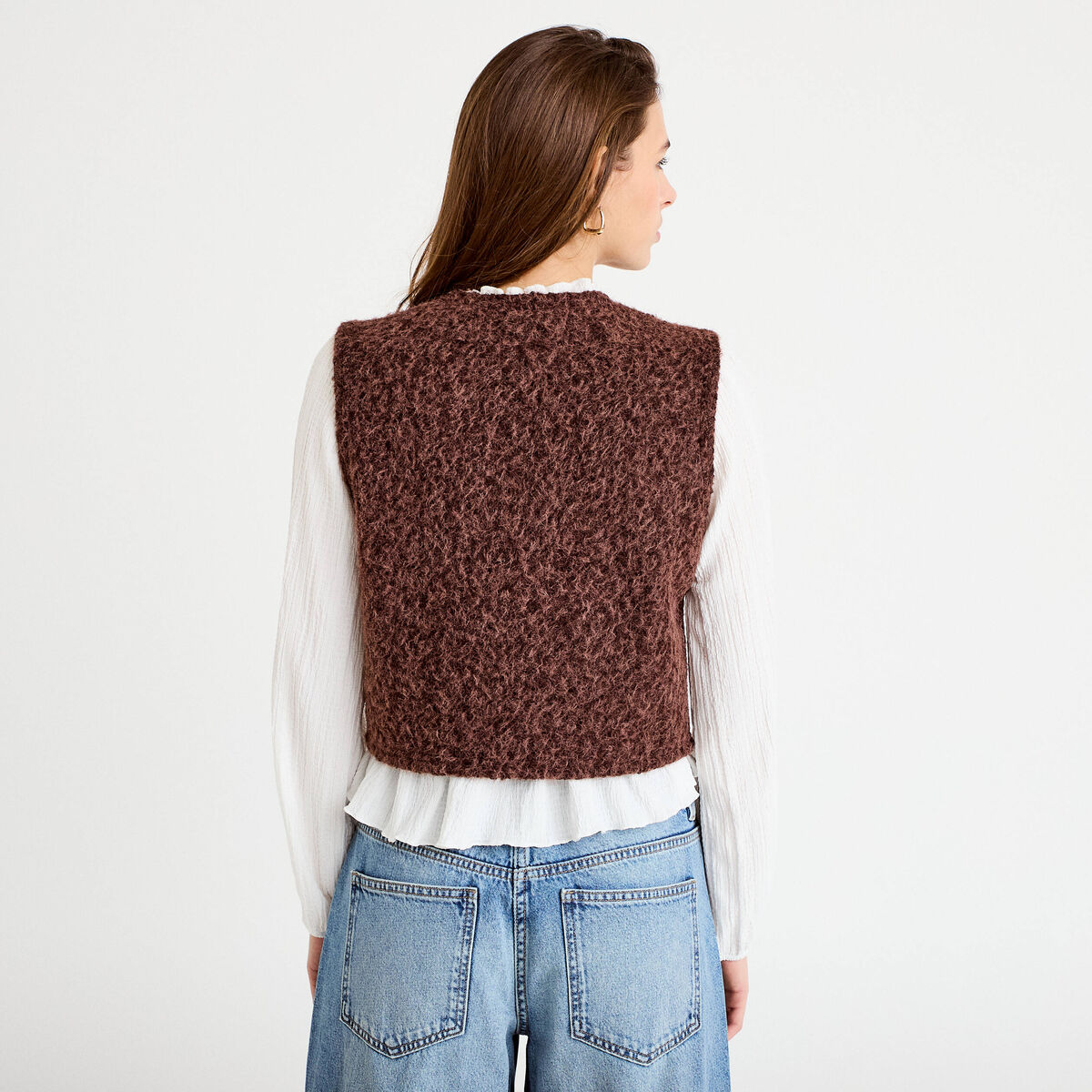 Veste sans manches col rond marron foncé femme