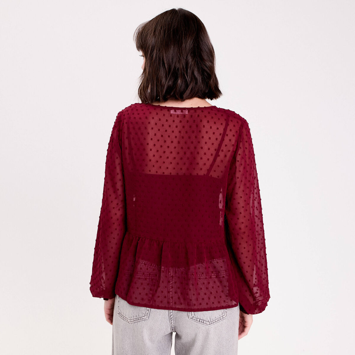 Blouse courte droite col v rouge foncé femme