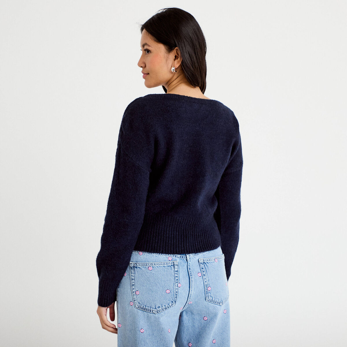 Pull col bateau bleu marine femme