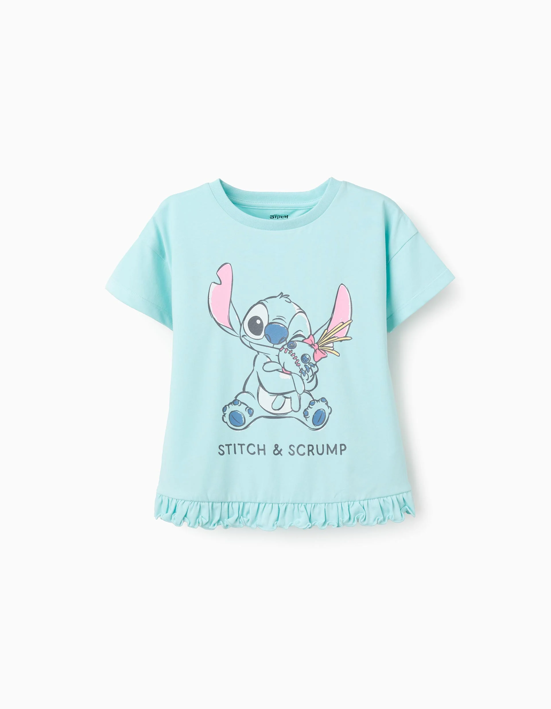 Cotton T-shirt with Stitch and Scrump print for girls, light blue