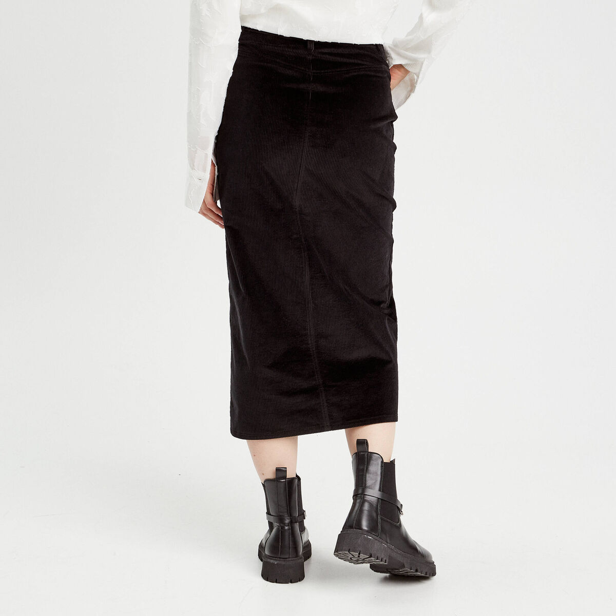 Jupe midi droite velours noir femme