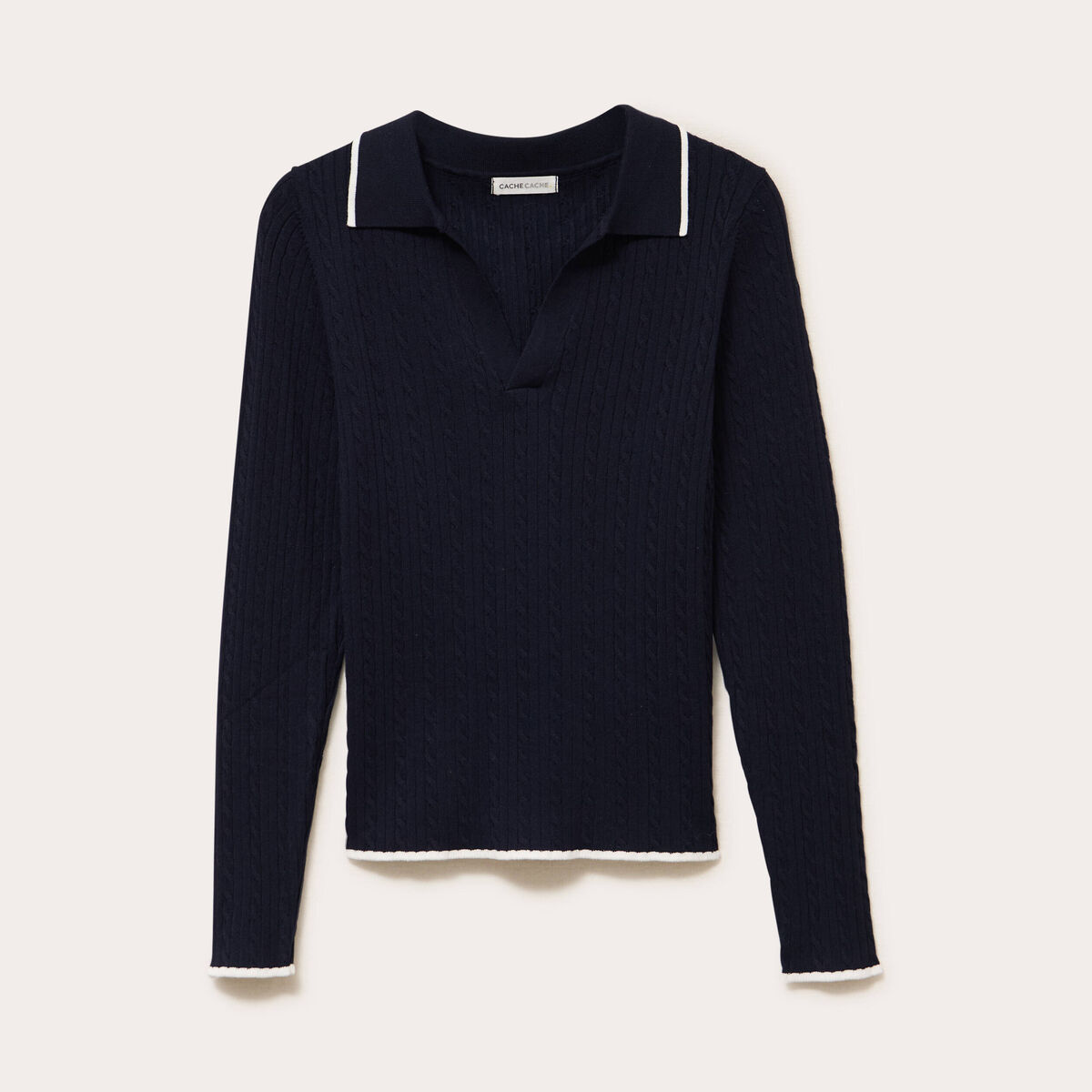 Polo ajusté cropped manches longues bleu marine femme