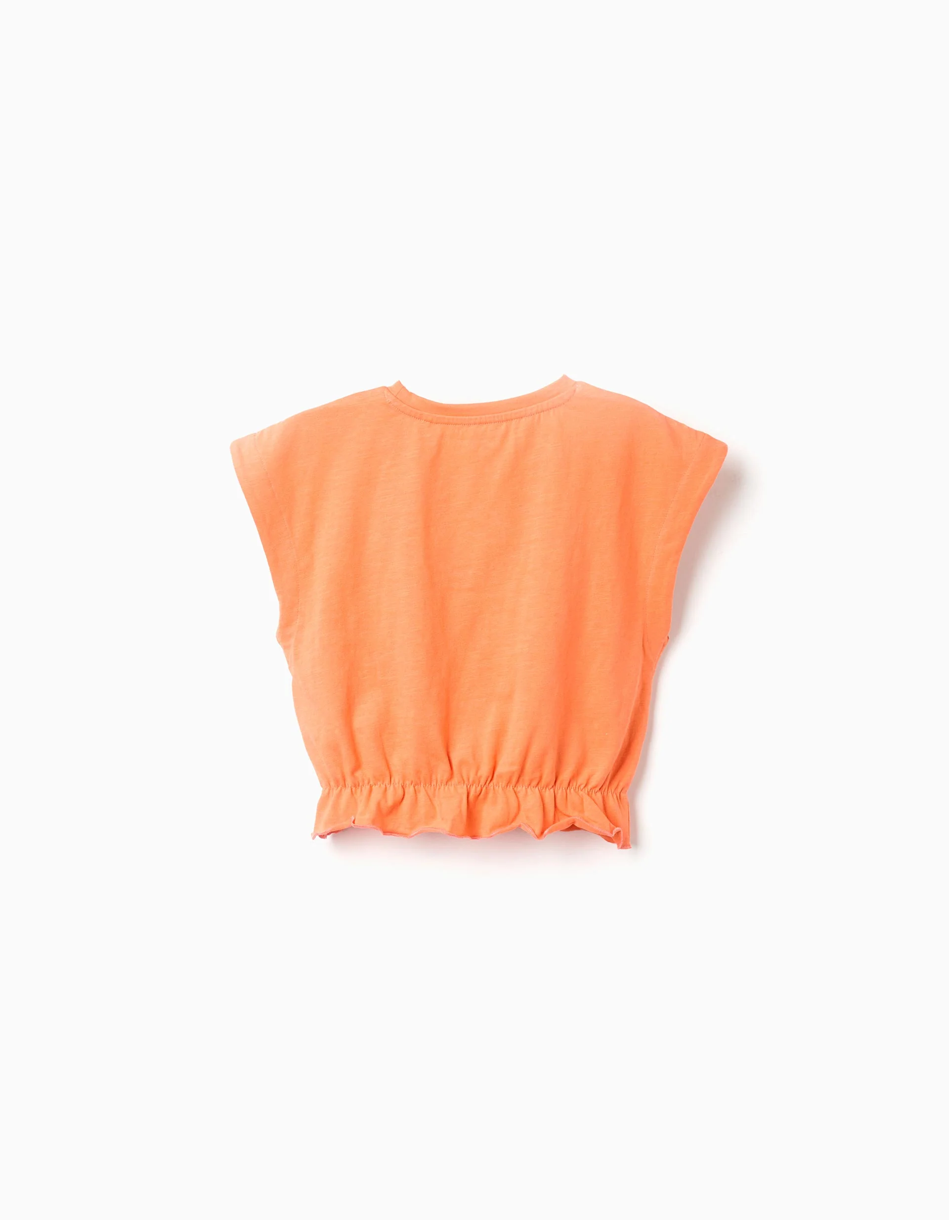 Cotton T-shirt with flower print and ruffles for girls, orange