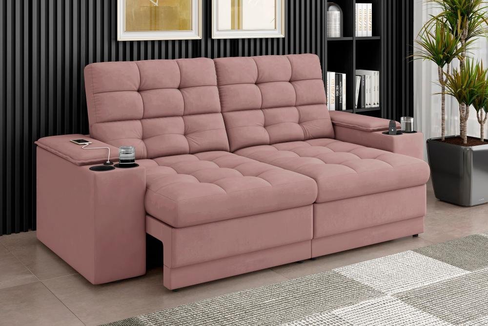 Sofá Confort Premium 2,05m Assento Retrátil/reclinável Porta Copos e Usb Suede Nude - Xflex Sofas