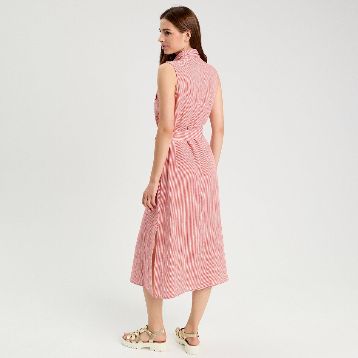 Robe longue évasée boutonnée rose corail femme