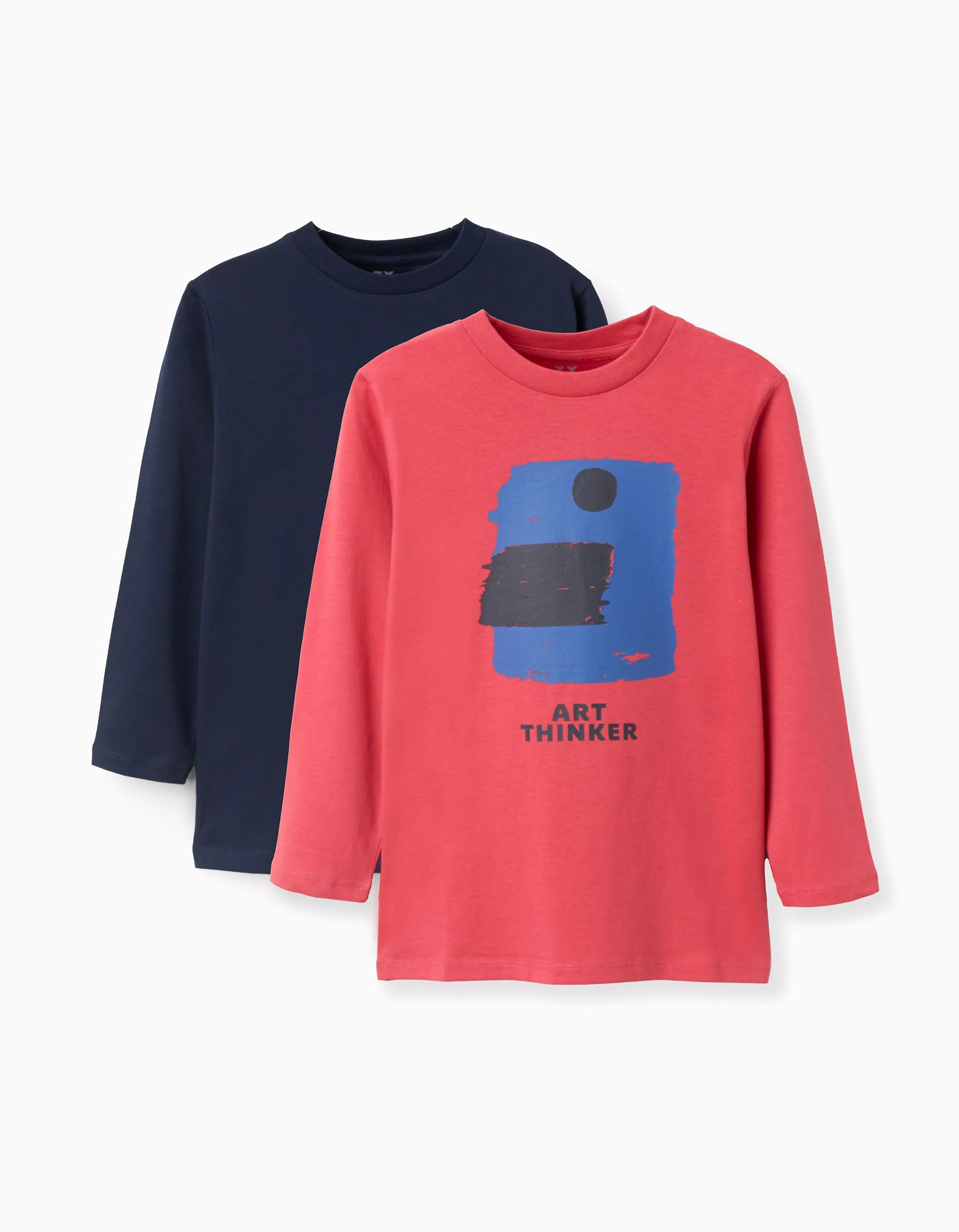 Pack of 2 long sleeve cotton T-shirts with prints for boys, dark blue/red