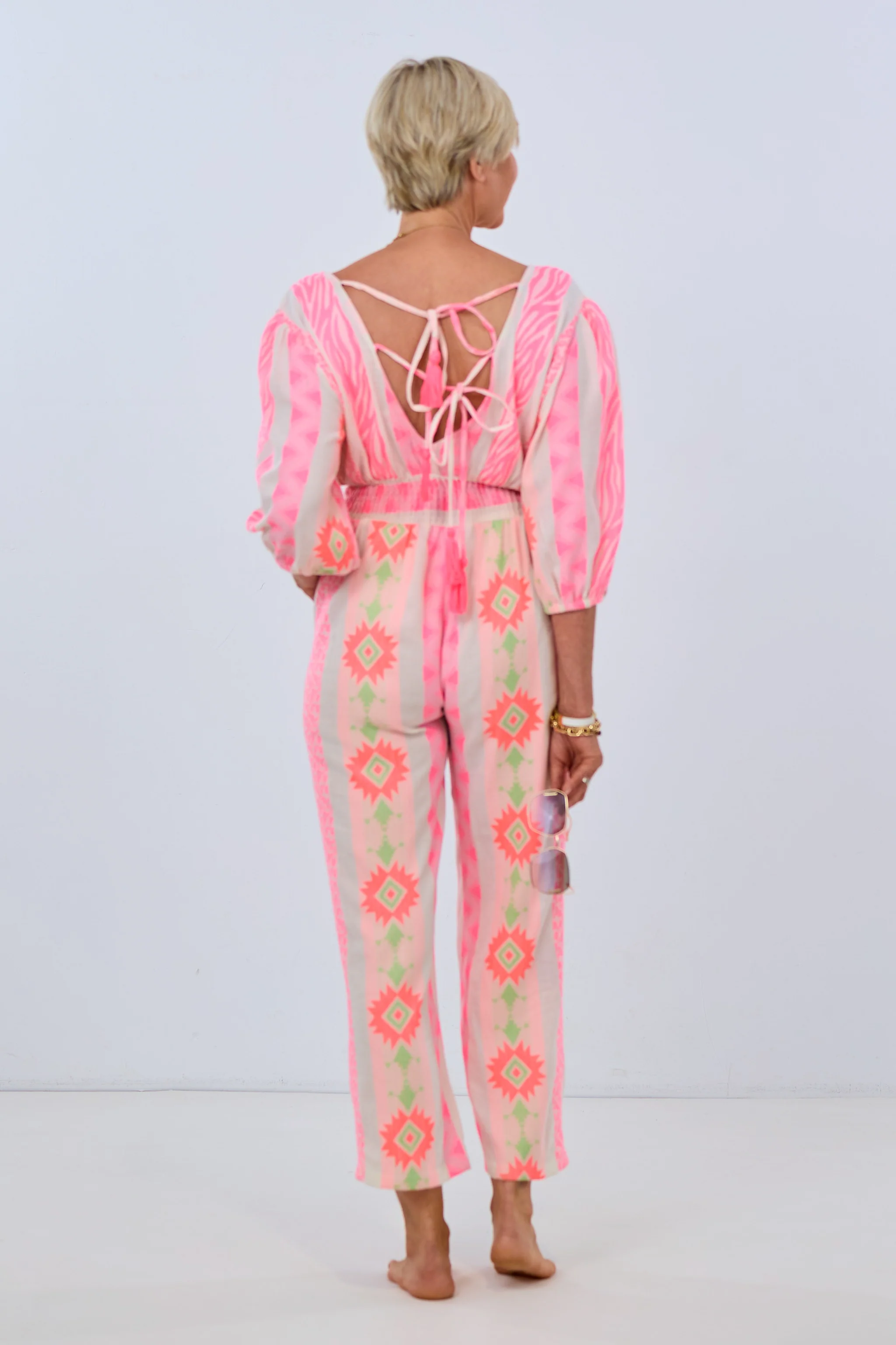 Jumpsuit mit gewebtem Muster, pink-creme-lindgrün
