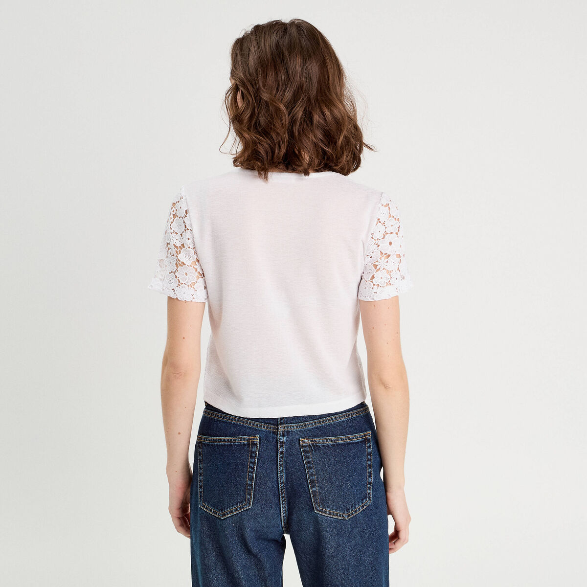 T-shirt noué dentelle guipure blanc femme