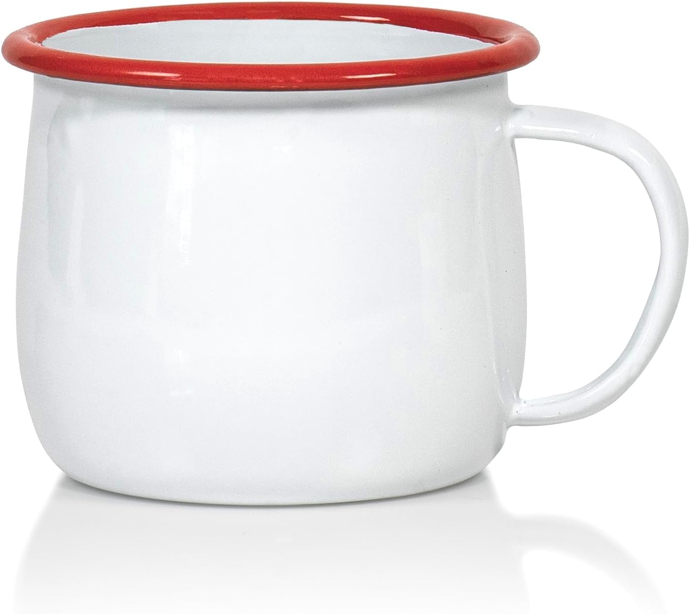 Set of 4 Enamelware Metal 12 Oz Round Camping Mugs with Handle  Solid White/Red Rim