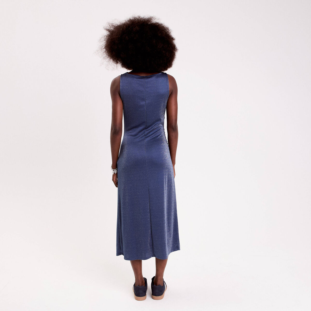 Robe longue fils métallisés bleu foncé femme