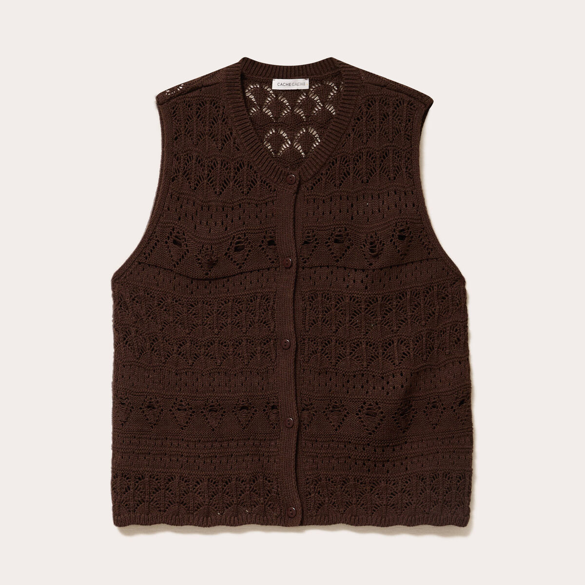 Débardeur ajouré col rond marron foncé femme