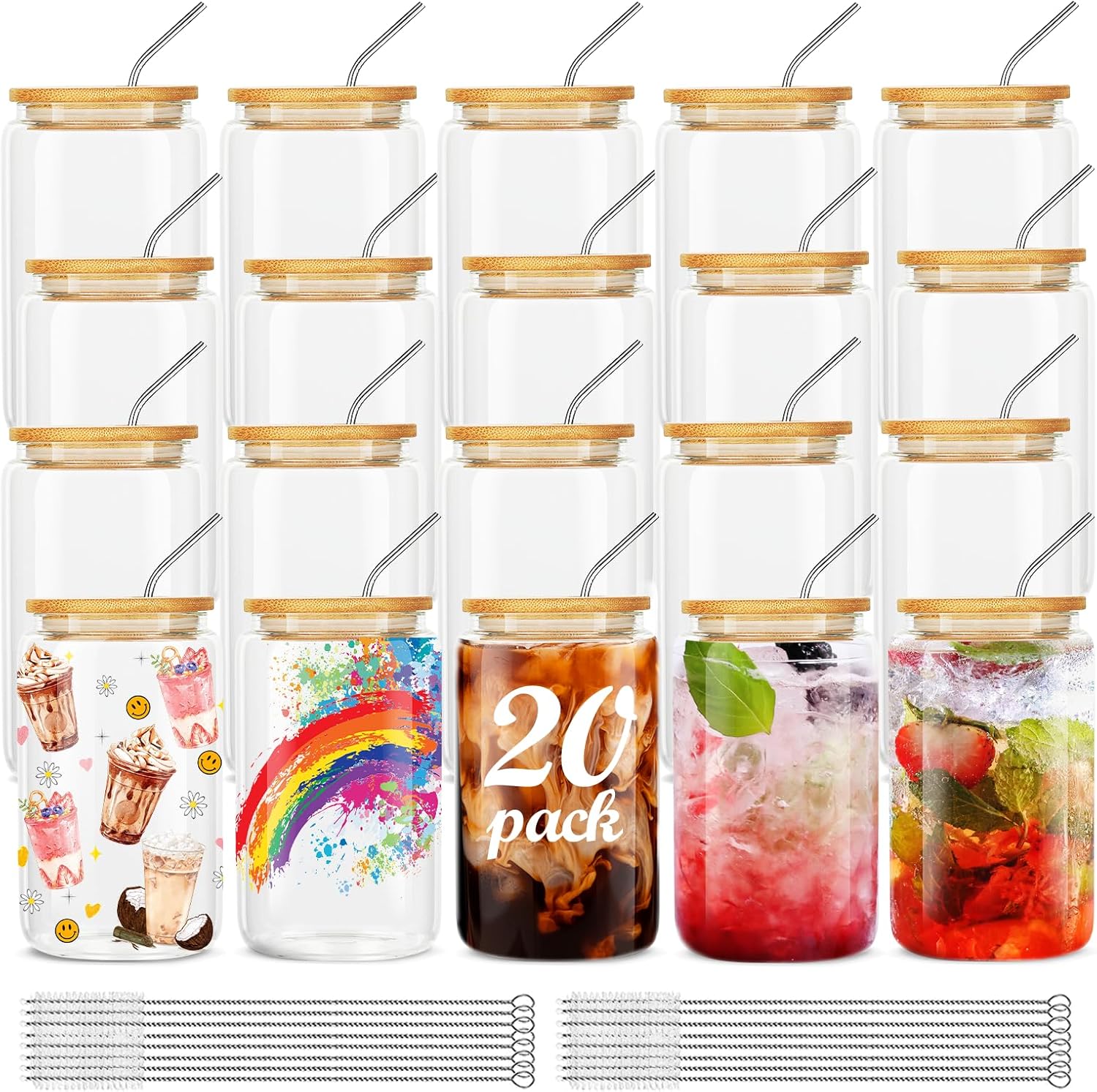 20Pcs Glass Cups With Bamboo Lids and Straws 16Oz Ice Coffee Cup Drinking Glasses Cups Set Water Bottles Glasses for Juicing Beer Coffee Soda Tea-Glass Tumbler Reusable for Gifts