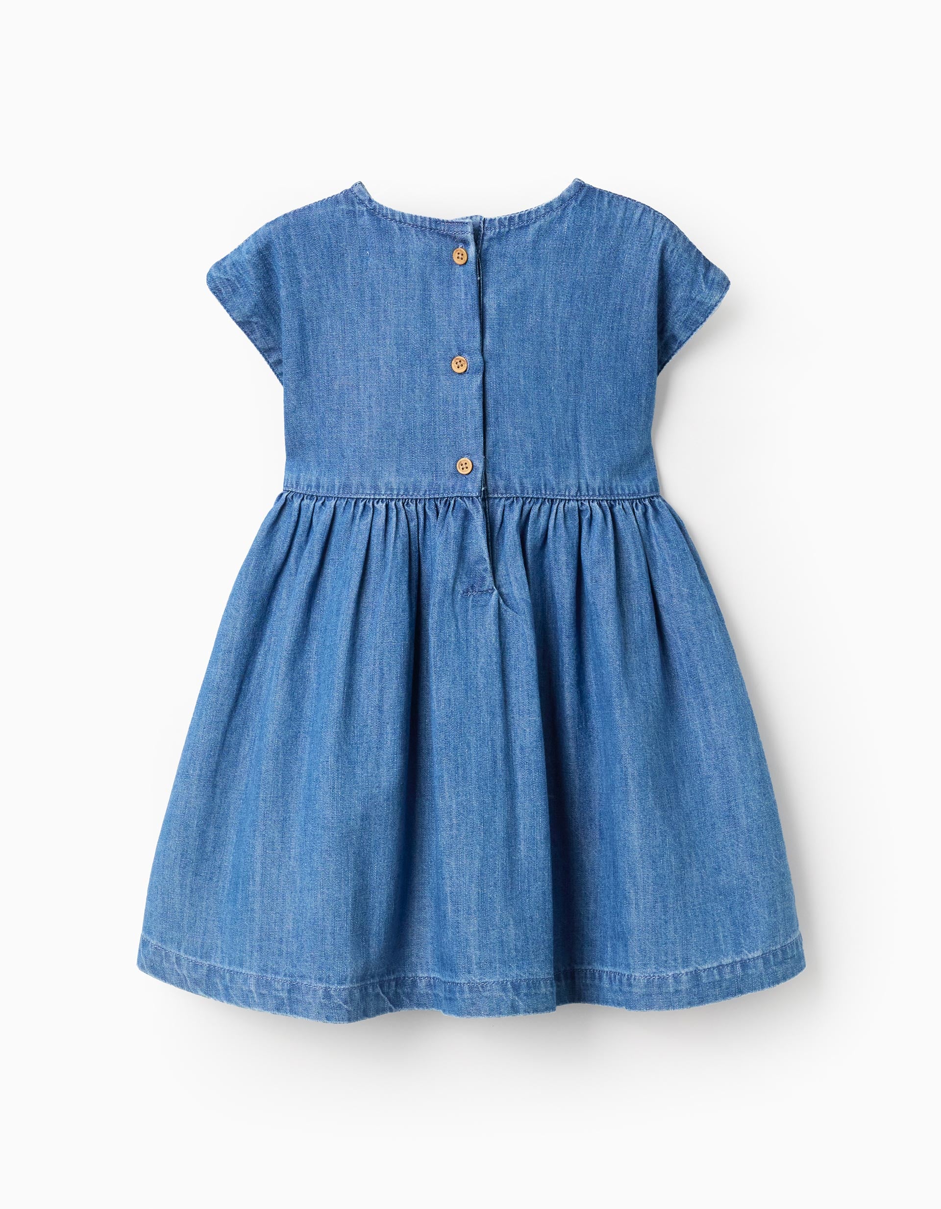 Short sleeve denim dress with embroidered flowers for baby girls, blue