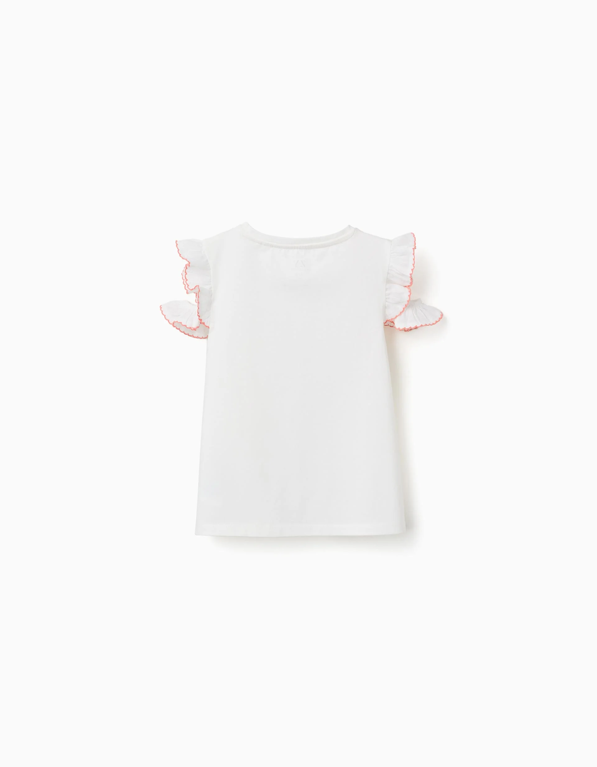 Cotton T-shirt with tile print and ruffled sleeves for girls, white