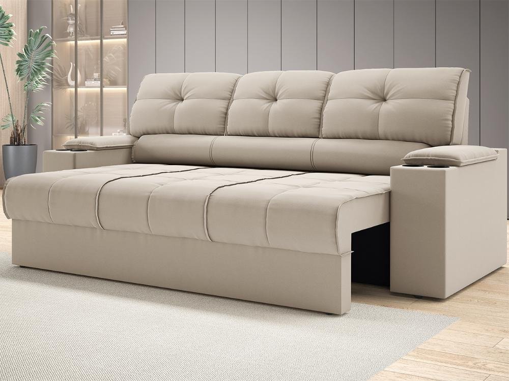 Sofá com Porta Copos Retrátil e Reclinável Tom 2,05m Velosuede - Netsofas - Bege