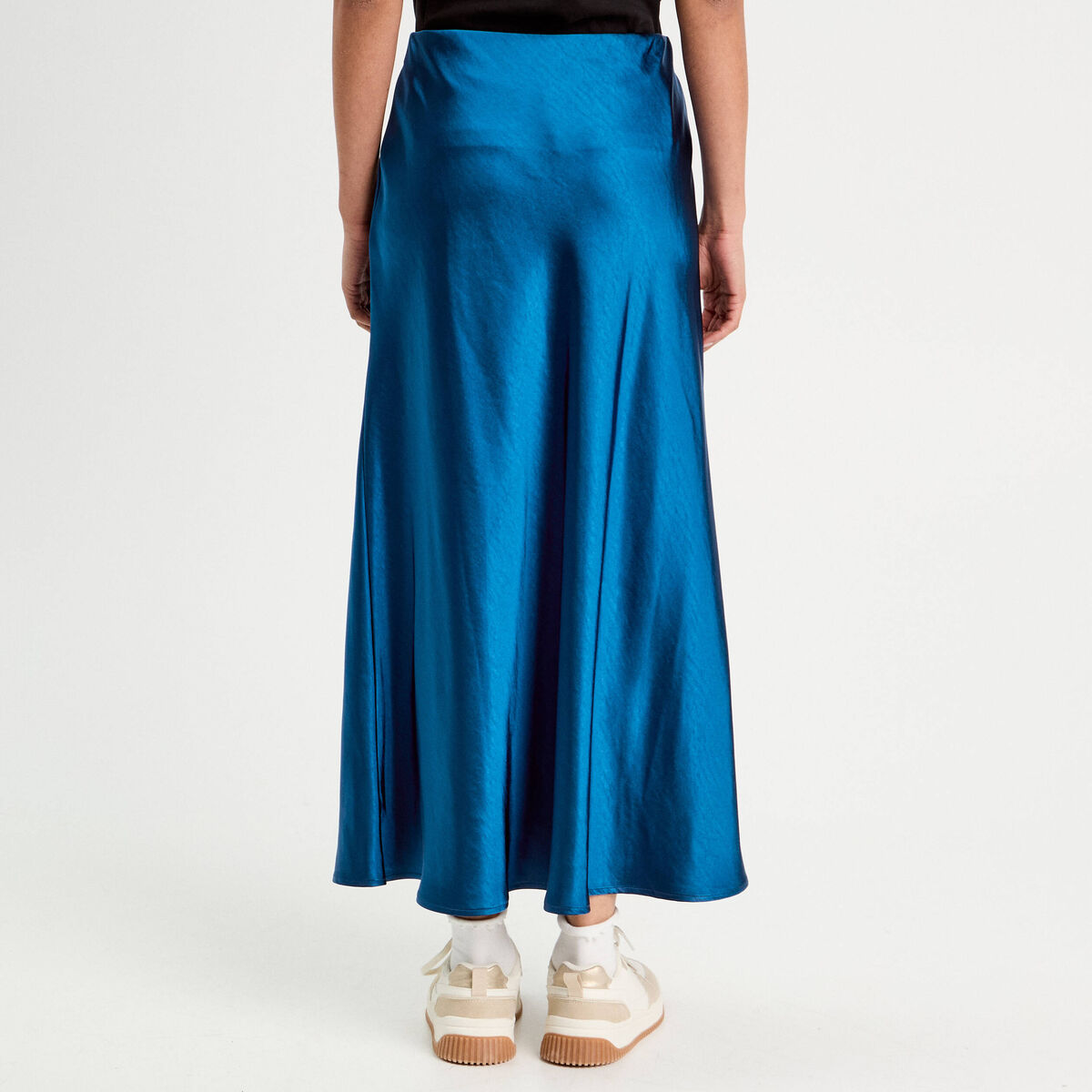 Jupe midi droite effet satin bleu marine femme