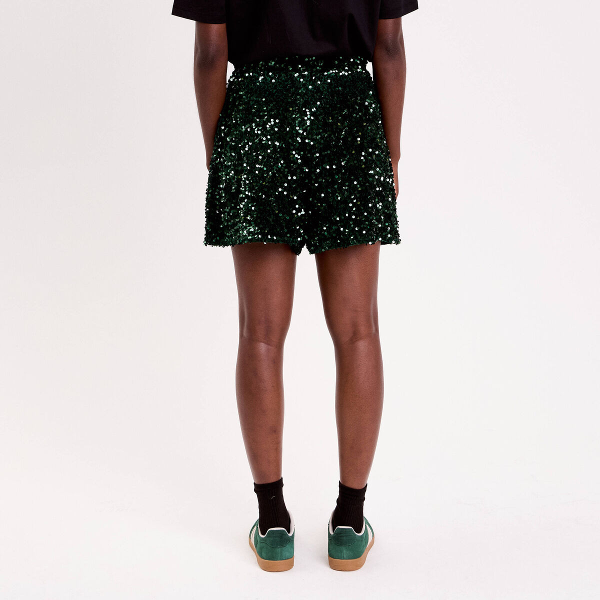 Short flare à sequins brillants vert foncé femme