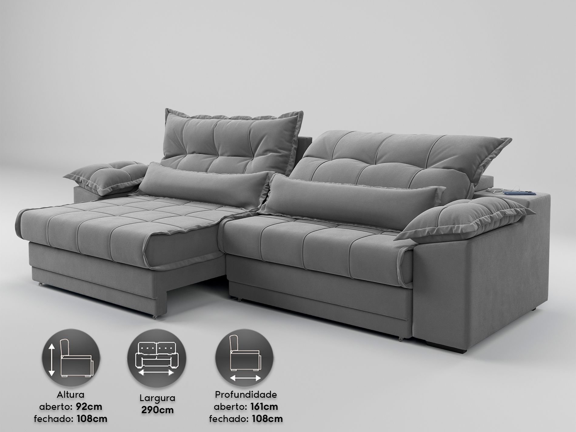 Sofá Retrátil e Reclinável com Molas Ensacadas e Carregador Usb Colosso 2,90m Veludocristal Cinza