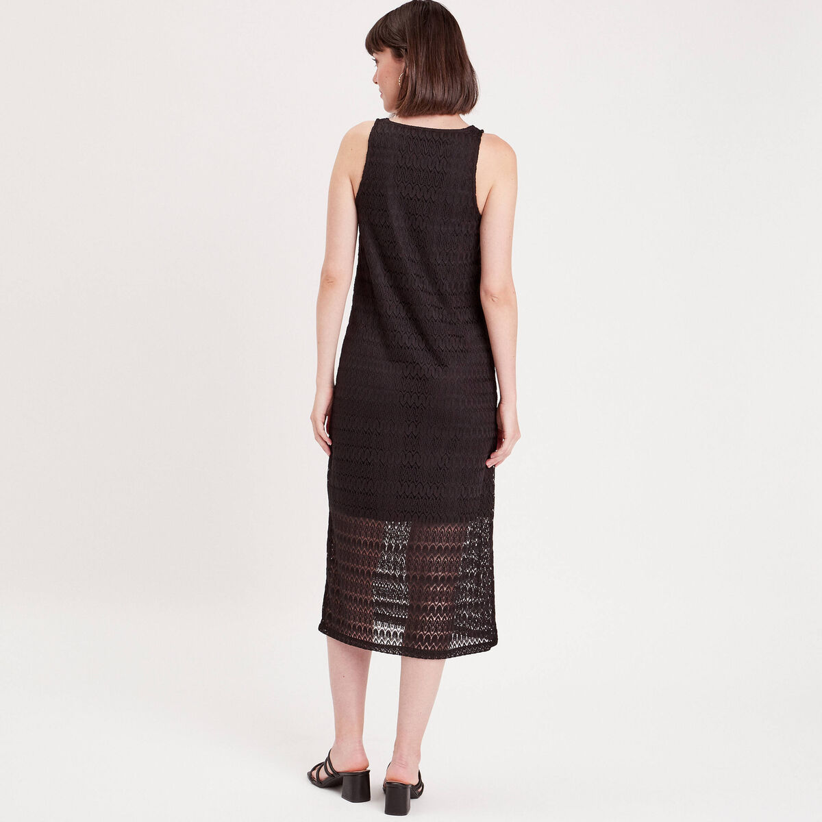 Robe longue droite ajourée noir femme