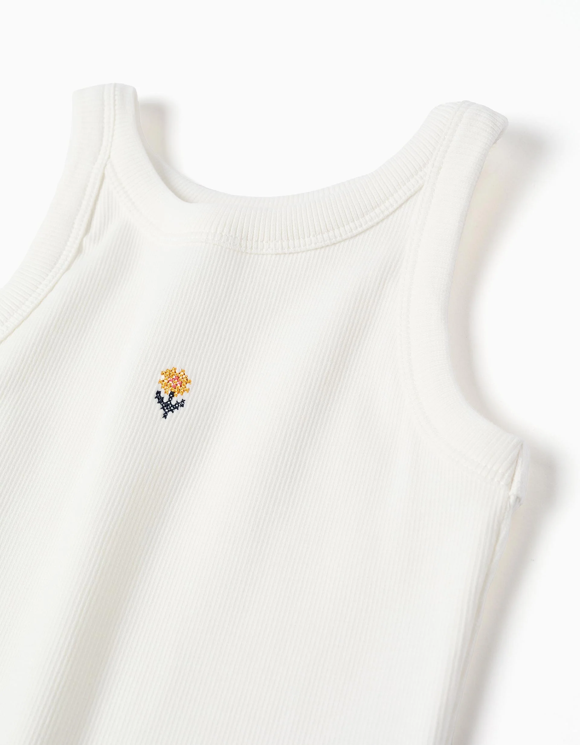Ribbed tank top with embroidered flower for girls, white