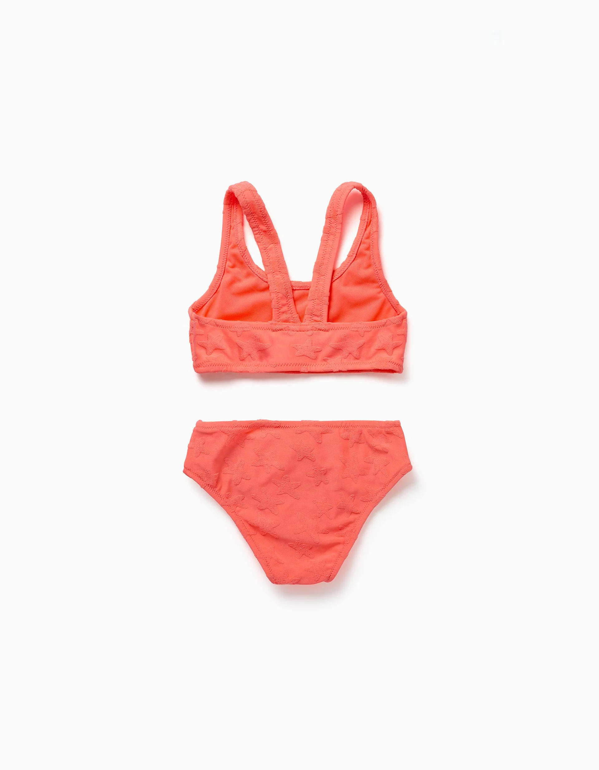 Bikini with star motif in bouclé for girls, neon coral